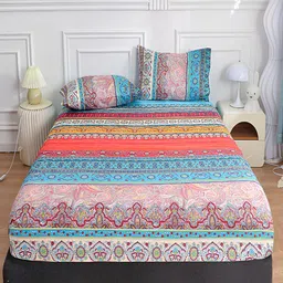 JC HOME Blue & Pink Floral Printed Fitted 140 TC Queen Bedsheet With 2 Pillow Covers-picture-14