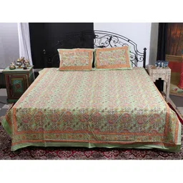 Exotic India Green & Orange EthnicMotifs Cotton 300 TC Queen Bedsheet with 2 Pillow Covers-image-91