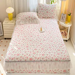 JC HOME White & Pink Floral 160 TC Queen Bedsheet with 2 Pillow Covers-picture-25