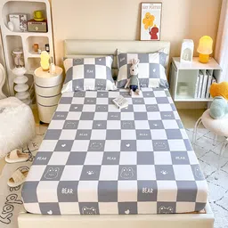 JC HOME White Geometric Cotton Fitted 230 TC King Bedsheet With 2 Pillow Covers-picture-28