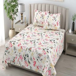 tundwal's Green & Off White Floral Cotton 210 TC Queen Bedsheet with 2 Pillow Covers-picture-8