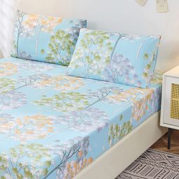 JC HOME Blue & Green Floral 200 TC Cotton Fitted King Bedsheet & Pillow Covers-picture-3