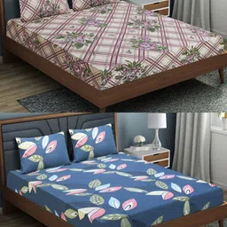 Aura Brown & Blue Floral 144 TC 2 Queen Bedsheet with 4 Pillow Covers-image-98