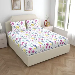 Home Ecstasy White & Blue Floral 140 TC Cotton Queen Bedsheet with 2 Pillow Covers-picture-29