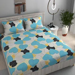 FINE TEX WORLD Green & Blue Floral 180 TC Microfiber Queen Bedsheet With 2 Pillow Covers-image-20