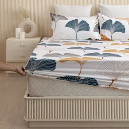 HOMEMONDE Mustard & Grey Floral 210 TC Queen Bedsheet with 2 Pillow Covers-picture-30