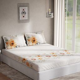 DDecor White & Yellow Floral 140 Cotton TC Queen Bedsheet with 2 Pillow Covers-picture-36