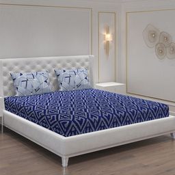 Moca By Monte Carlo Sferra Blue Geometric Cotton 144 TC Queen Bedsheet & 2 Pillow Covers-picture-2