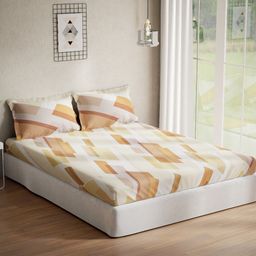 DDecor Yellow & Brown Abstract Printed 140 TC Cotton Queen Bedsheet With 2 Pillow Covers-picture-1