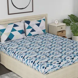 Huesland Blue & Pink Geometric Cotton 186 TC Queen Bedsheet With 2 Pillow Covers-picture-23