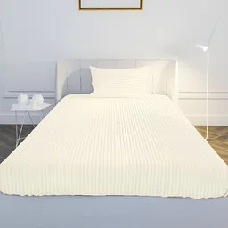 MAYFAIR HOMES LONDON Cream-Coloured Cotton Striped 210 TC Single Bedsheet Set-image-88