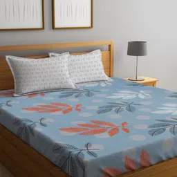 KLOTTHE Blue & Orange Printed 300TC Fitted Double King Bedsheet With 2 Pillow Covers-image-10