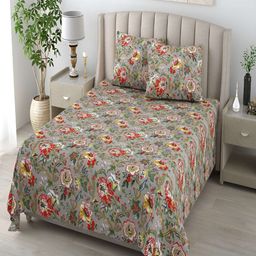tundwal's Yellow & Grey Floral Printed Cotton 210 TC Queen Bedsheet With 2 Pillow Covers-picture-23
