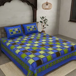 JAIPUR FABRIC Blue & Green Floral 144 TC Cotton King Bedsheet With 2 Pillow Covers-picture-17