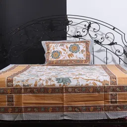 Exotic India Cream-Coloured&Blue Cotton Floral 300 TC Single Bedsheet with 1 Pillow Covers-image-21