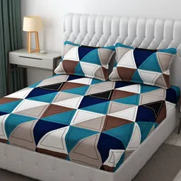 FINE TEX WORLD White & Blue Geometric Microfiber 210 TC King Bedsheet with 2 Pillow Covers-image-88