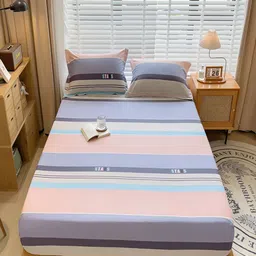 JC HOME Blue Striped 230 TC Cotton Fitted Queen Bedsheet with 2 Pillow Covers-image-39