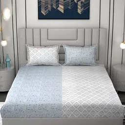 FINE TEX WORLD Grey & White Abstract 260 TC Pure Cotton King Bedsheet With 2 Pillow Covers-picture-15