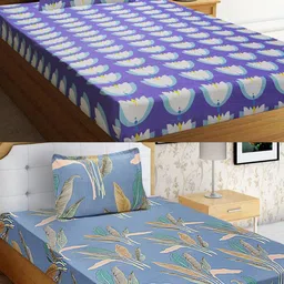 Aura Blue & White Floral 144 TC 2 Single Bedsheet with 2 Pillow Covers-picture-25