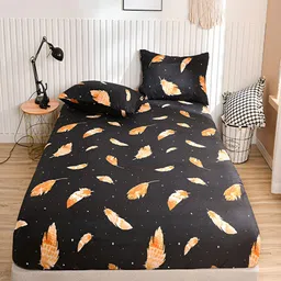JC HOME Black & Orange Printed Fitted 140 TC Single Bedsheet With 1 Pillow Cover-picture-2
