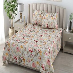tundwal's Red & Yellow Floral Cotton 210 TC King Bedsheet with 2 Pillow Covers-picture-5