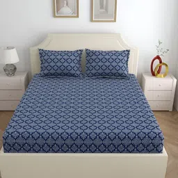 Dreamscape White & Blue Ethnic Motifs Cotton 300 TC King Bedsheet With 2 Pillow Covers-picture-35