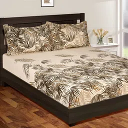 Aura Beige & Green Floral Cotton 144 TC Queen Bedsheet With 2 Pillow Covers-image-52