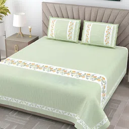 JAIPUR FABRIC Green & White Striped 300 TC King Bedsheet with 2 Pillow Covers-image-79