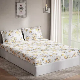 DDecor White & Yellow Floral 144 TC Cotton Queen Bedsheet With 2 Pillow Covers-image-31
