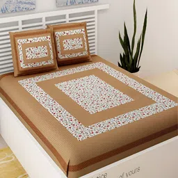 UNIQCHOICE Brown & White Floral Printed Cotton 120 TC Queen Bedsheet With 2 Pillow Covers-picture-36