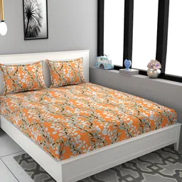 FINE TEX WORLD Orange & Brown Floral 180 TC Microfiber Queen Bedsheet With 2 Pillow Covers-picture-21