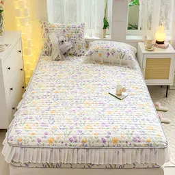 JC HOME White & Purple Floral 160 TC Fitted Queen Bedsheet with 2 Pillow Covers-picture-22