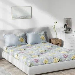 DDecor Blue & Yellow Floral 144 TC King Bedsheet with 2 Pillow Covers-image-83