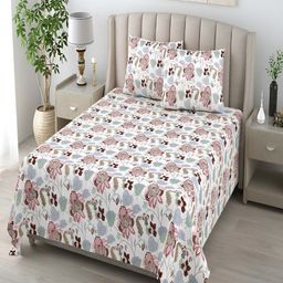 tundwal's Brown & White Floral Cotton 210 TC Queen Bedsheet with 2 Pillow Covers-picture-3