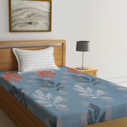 KLOTTHE Blue & Orange Colored Floral Printed 300 TC Fitted Single Bedsheet & Pillow Cover-picture-17