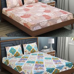 Aura White & Pink Floral 144 TC 2 Queen Bedsheet with 4 Pillow Covers-picture-32