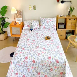 JC HOME White & Pink Floral Printed 200 TC Cotton King Bedsheet with 2 Pillow Covers-image-81