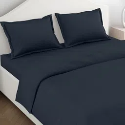 haus & kinder Navy Blue Cotton 300 TC King Bedsheet with 2 Pillow Covers-picture-13