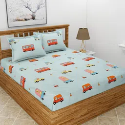 BREVARD Blue & Red Conversational 180 TC Queen Bedsheet with 2 Pillow Covers-image-2