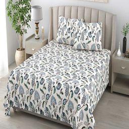 tundwal's Blue & White Floral Cotton 210 TC King Bedsheet with 2 Pillow Covers-picture-15