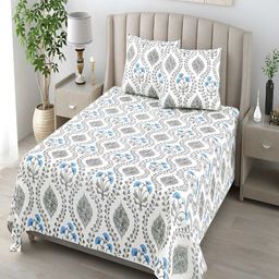 tundwal's Blue & White Floral Printed Cotton 160 TC King Bedsheet With 2 Pillow Covers-picture-17