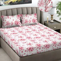 FABINALIV White & Red Floral Cotton Blend 300 TC Fitted King Bedsheet with 2 Pillow Covers-image-11