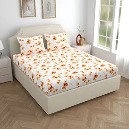 Home Ecstasy White & Orange Floral 140 TC Cotton Fitted King Bedsheet with 2 Pillow Covers-image-95