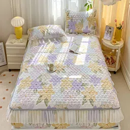 JC HOME White & Lavender Floral 160 TC Fitted Queen Bedsheet with 2 Pillow Covers-picture-21