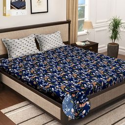 KLOTTHE Blue & White Floral Printed 300TC Fitted Super King Bedsheet With 2 Pillow Covers-picture-20
