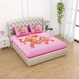 Aapno Rajasthan Pink Ethnic Motifs 120 TC Cotton Queen Bedsheet With 2 Pillow Covers-image-34