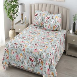 tundwal's Blue & Red Floral Cotton 210 TC King Bedsheet with 2 Pillow Covers-picture-29