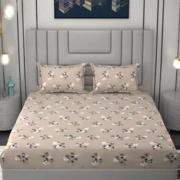 FINE TEX WORLD Brown Floral 210 TC Microfiber King Fitted Bedsheet With 2 Pillow Covers-picture-27