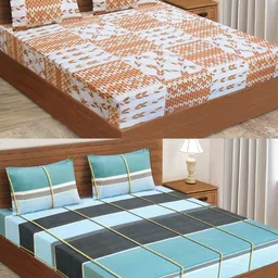Aura Brown & Blue Geometric 160 TC 2 Queen Bedsheet with 4 Pillow Covers-picture-23