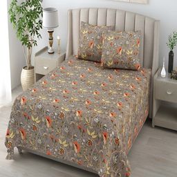 tundwal's Khaki & Orange Floral Cotton 210 TC King Bedsheet with 2 Pillow Covers-picture-30